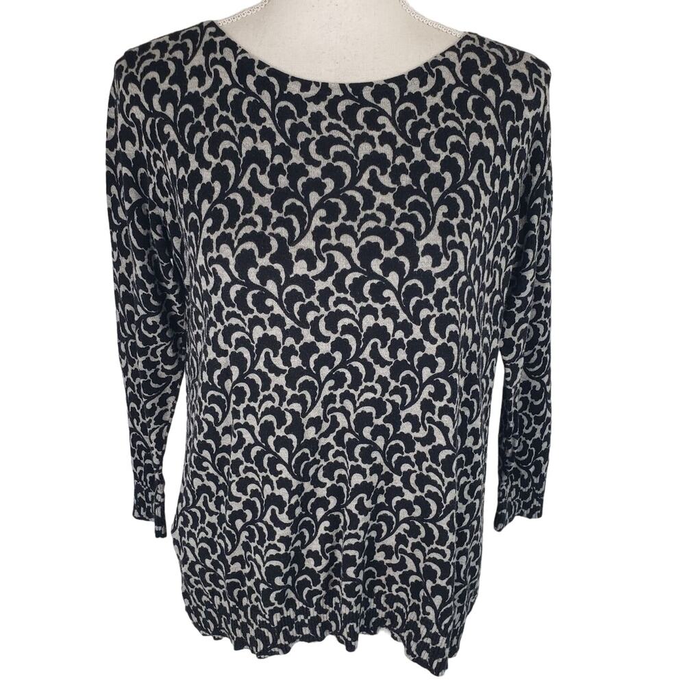 LOFT Back Button Down Black Gray Long Sleeve Round Neck Split Hem Sweater S